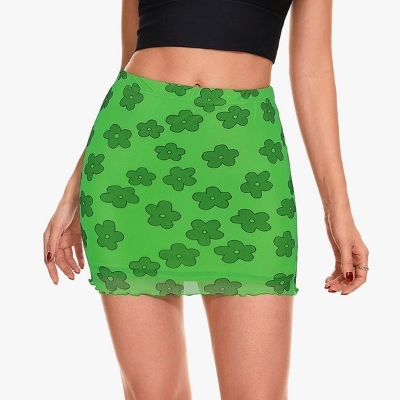 Bodycon Skirt Floral Mesh Overlay Mini Green Small - Picture 1 of 4